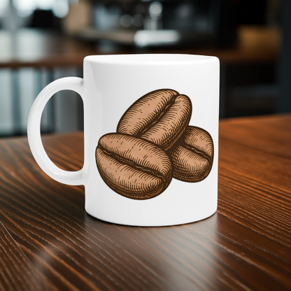 Mugg med klassiskt tecknade kaffebönor, hyllning till caféer.