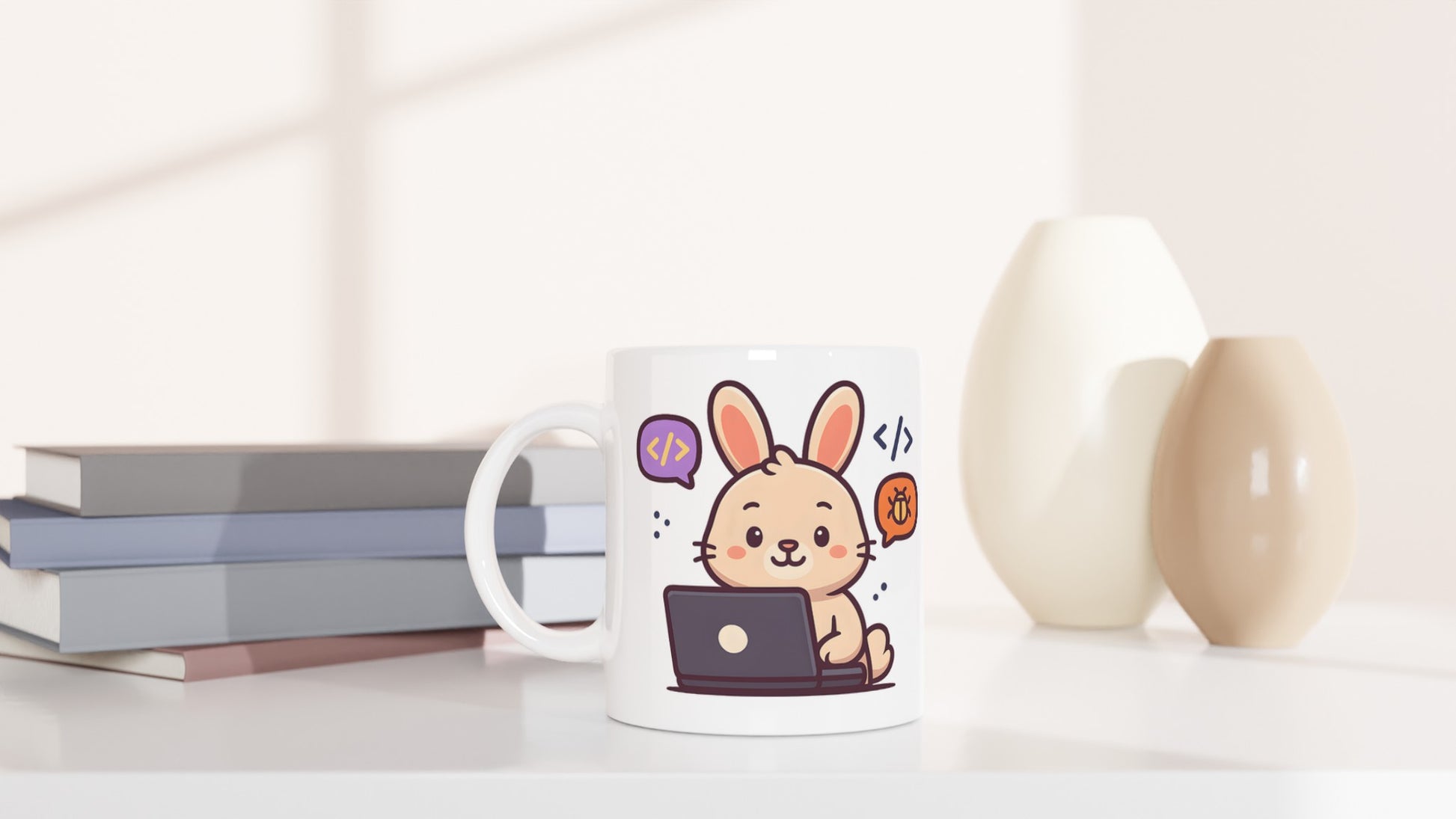 Mugg med programmerande kanin som fixar buggar. Perfekt start på dagen!