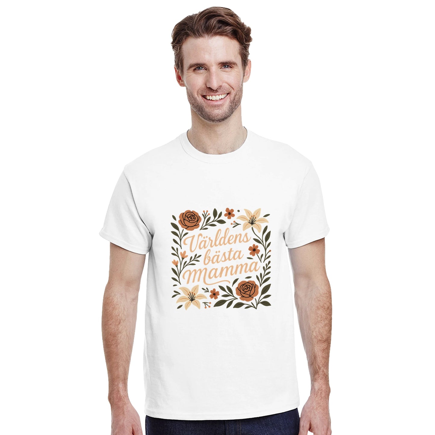 T-shirt med blommor och text, perfekt gåva till mamma.