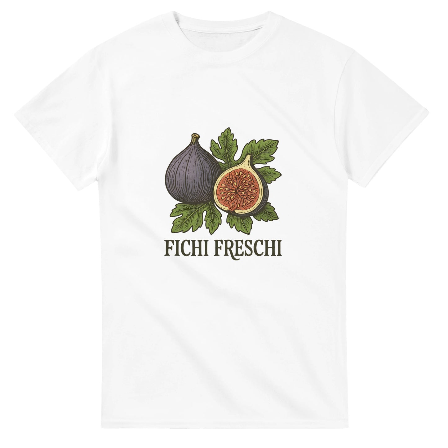 T-shirt med färska fikon och gammaldags italiensk text, Fichi Freschi, på gröna blad.