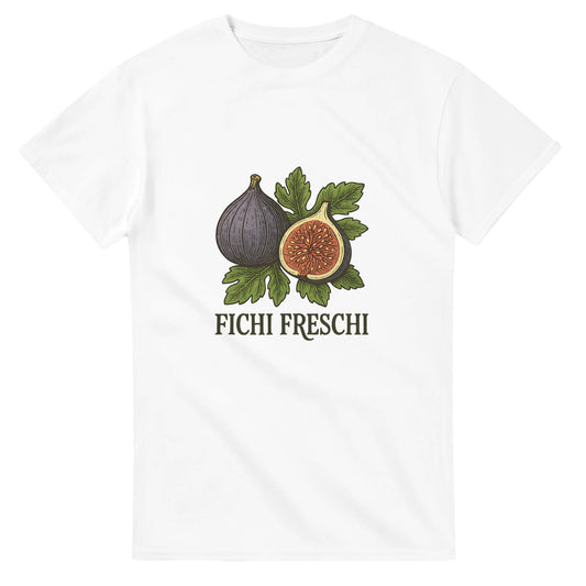 T-shirt med färska fikon och gammaldags italiensk text, Fichi Freschi, på gröna blad.