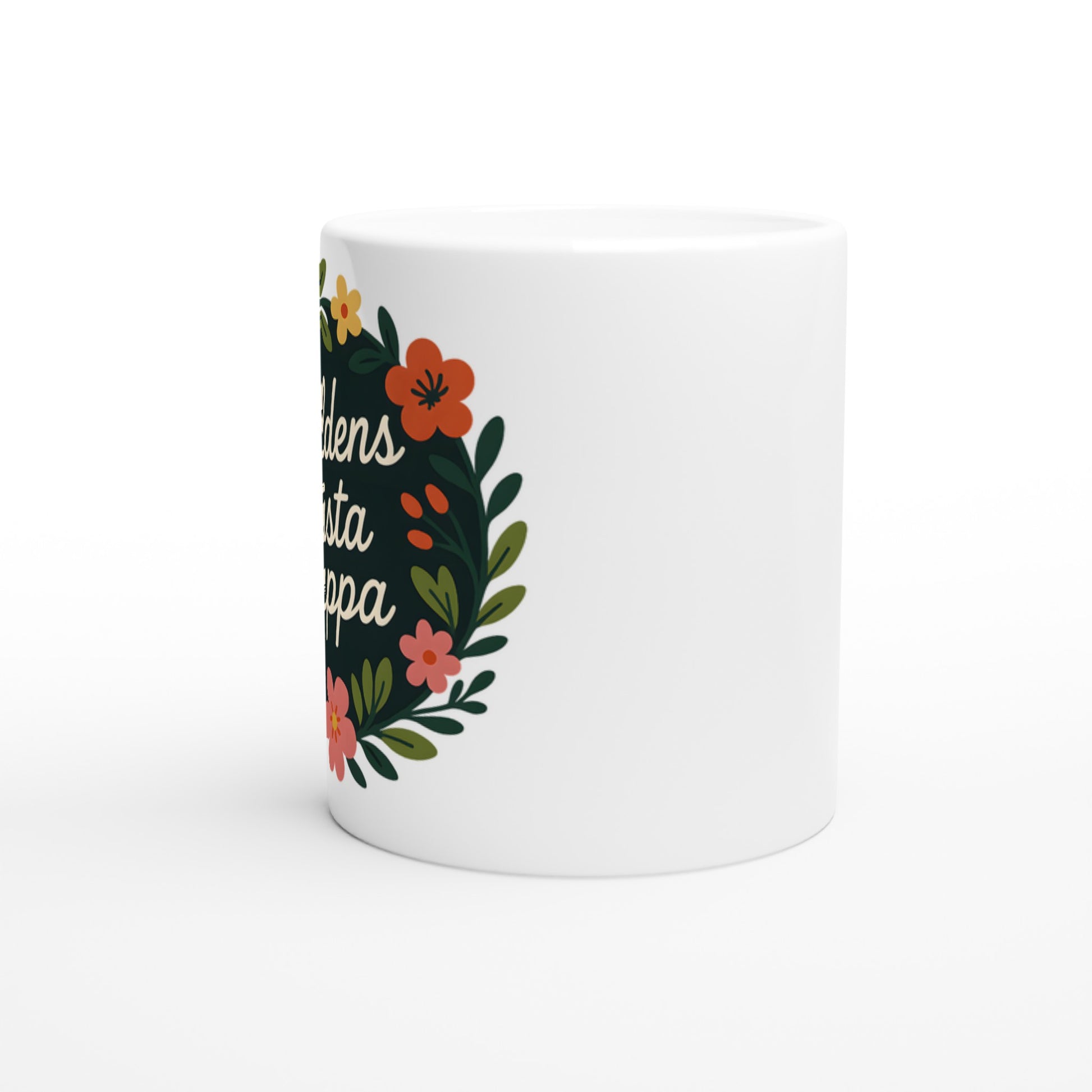Mugg med blomkrans och text 'Världens bästa pappa'. Elegant och stilfull med handskriven komposition. Perfekt för fars dag!