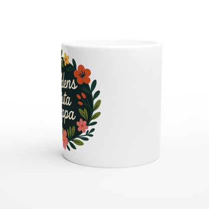 Mugg med blomkrans och text 'Världens bästa pappa'. Elegant och stilfull med handskriven komposition. Perfekt för fars dag!