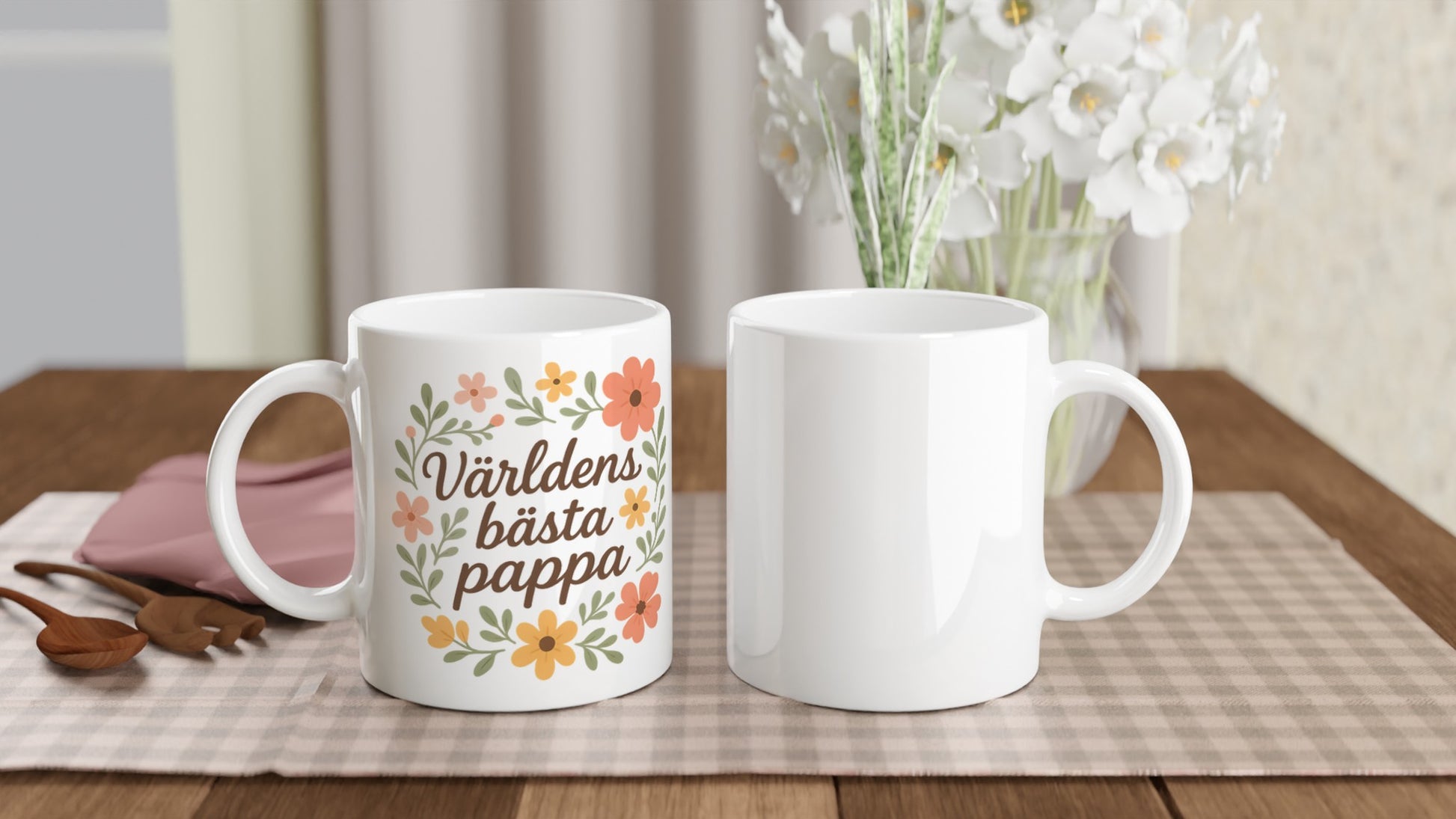 Elegant mugg med texten Världens bästa pappa och blommiga mönster. Perfekt för att visa kärlek och uppskattning.