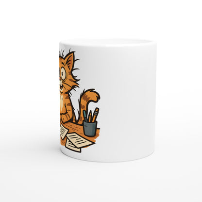 Kaffemugg med stressad kattmotiv, perfekt för kattälskare som kämpar med morgonkaffet. 