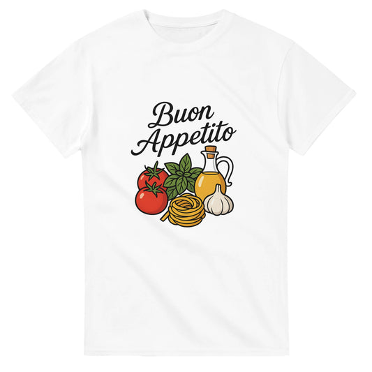 T-shirt med handskriven text 'Buon Appetito'. Konstnärlig hyllning till italiensk matglädje. Perfekt för köket!