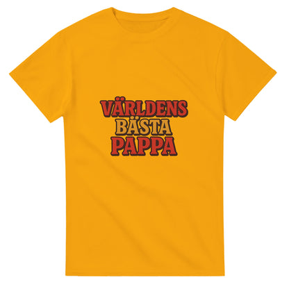 T-shirt med 'Världens bästa pappa' i vintage-stil, röd och gul toning.