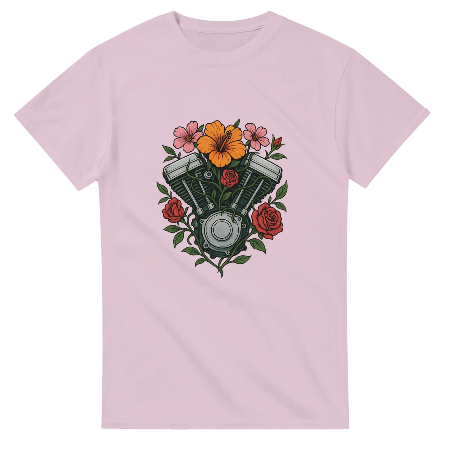 T-shirt med Speed Blossom-motiv, blommor runt motor, symbol för styrka och skönhet, motiverande text.
