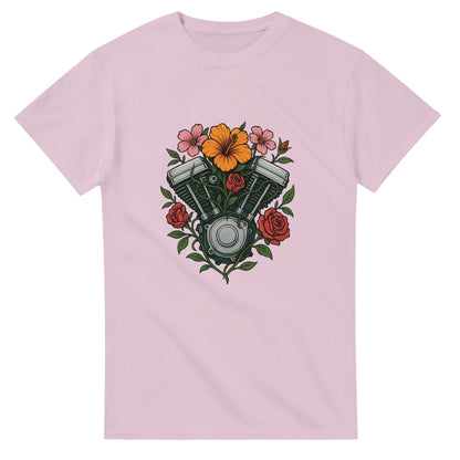 T-shirt med Speed Blossom-motiv, blommor runt motor, symbol för styrka och skönhet, motiverande text.