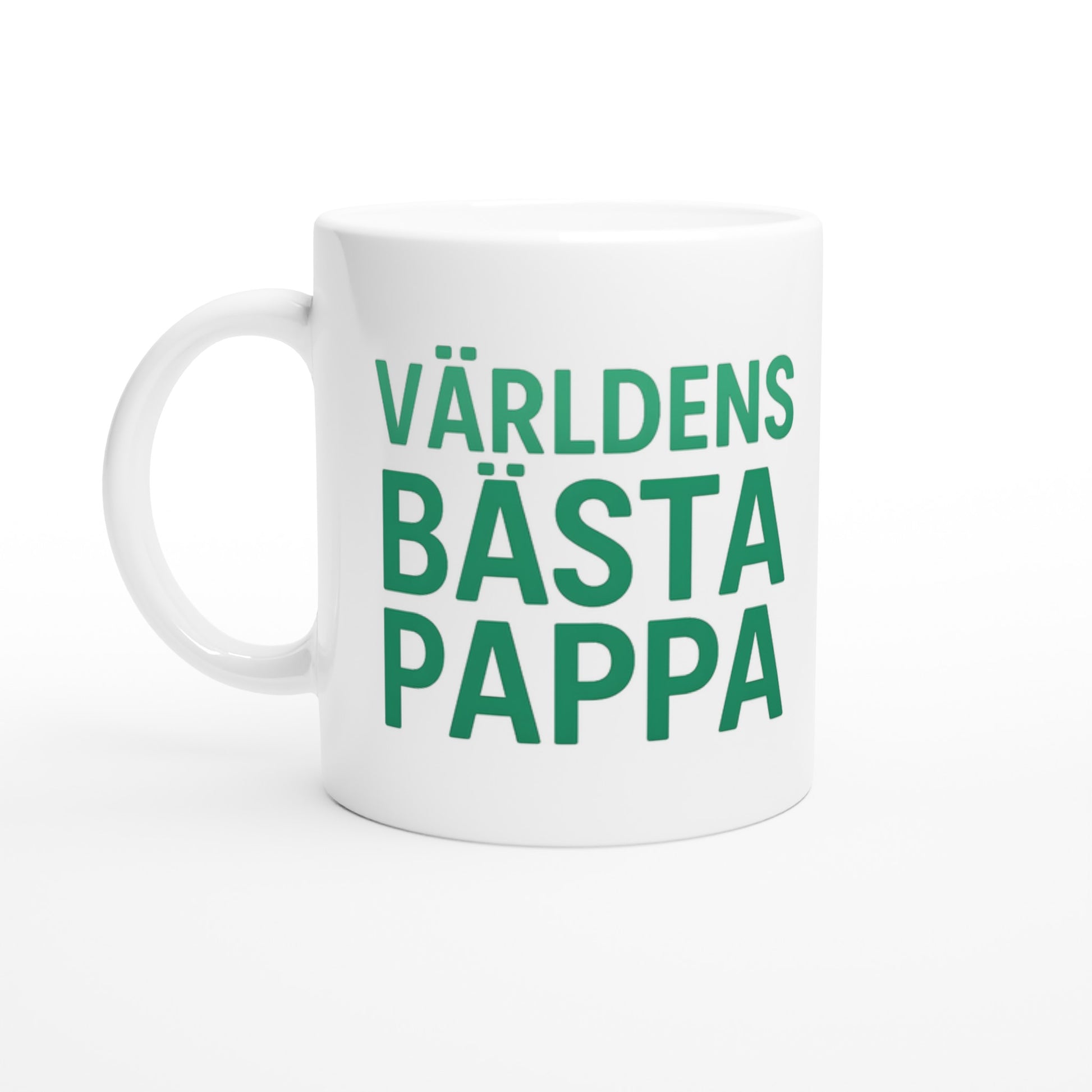 Mugg med 'Världens bästa pappa' i gröna toner, trendig design i sans-serif. Perfekt gåva till pappa.