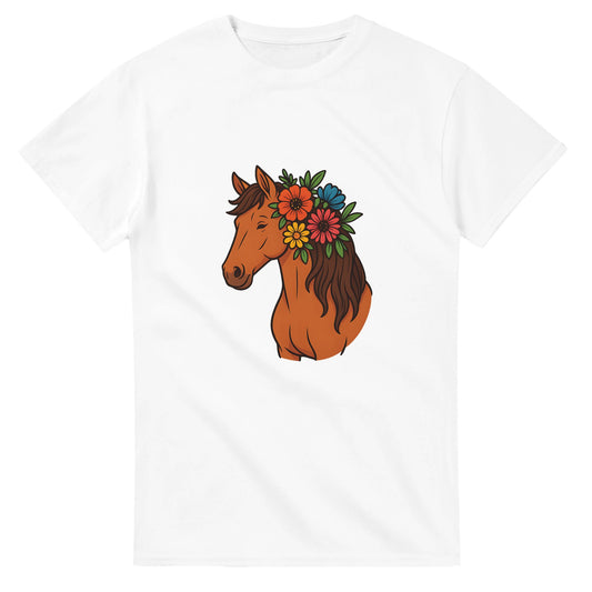 T-shirt med blommig häst i manen, perfekt för naturälskare.