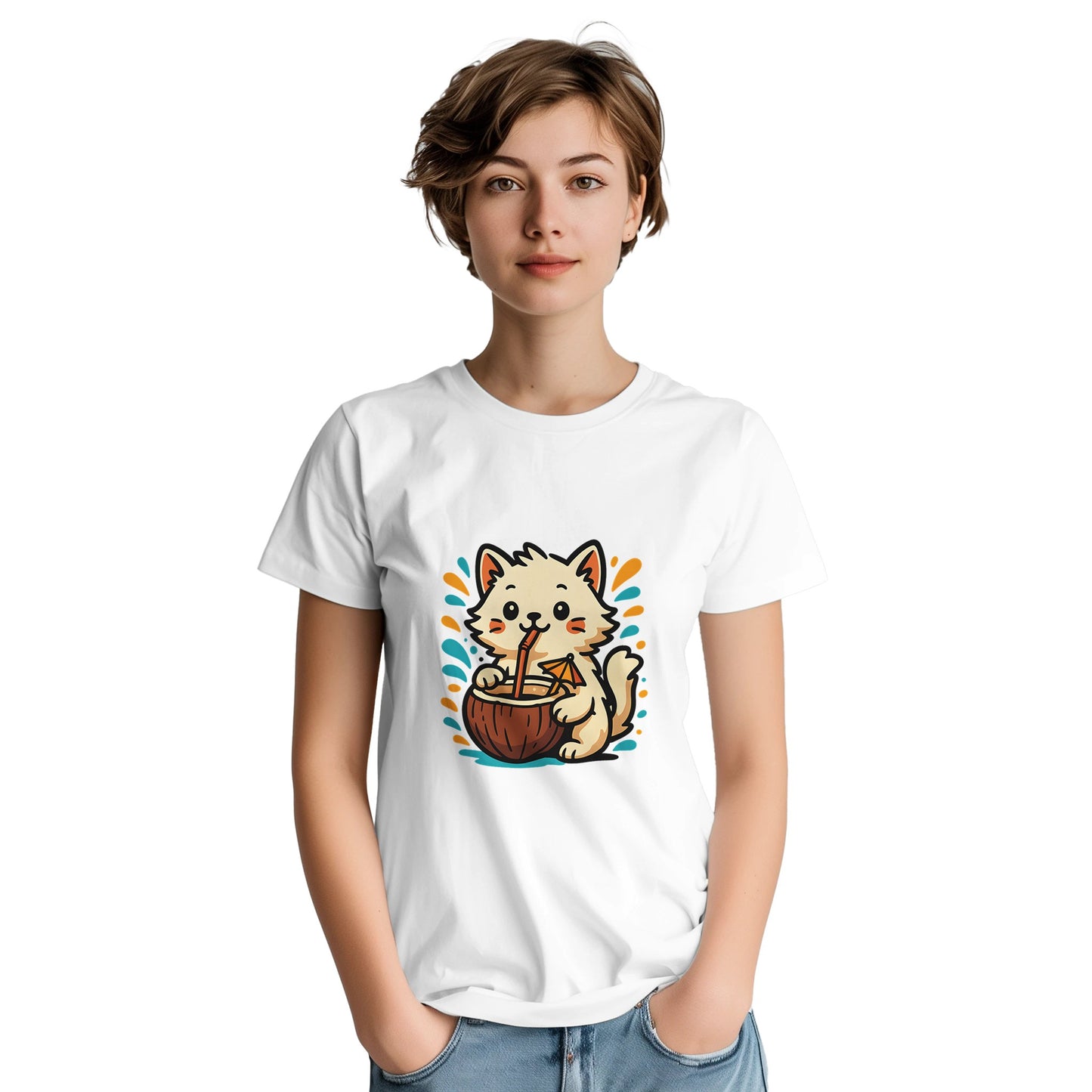 T-shirt med söt katt som dricker ur kokosnöt med sugrör och paraply, omgiven av tropiska färger. Somrig och lekfull look!