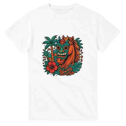 Tropisk häst med tiki-mask och färgglada mönster, en färgsprakande upplevelse!