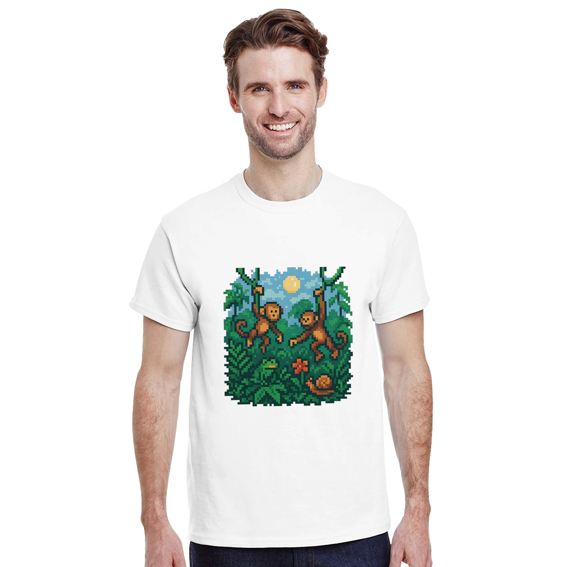 8-bitars djungelresa t-shirt med pixelapor och lianer för äventyrliga äventyrare.