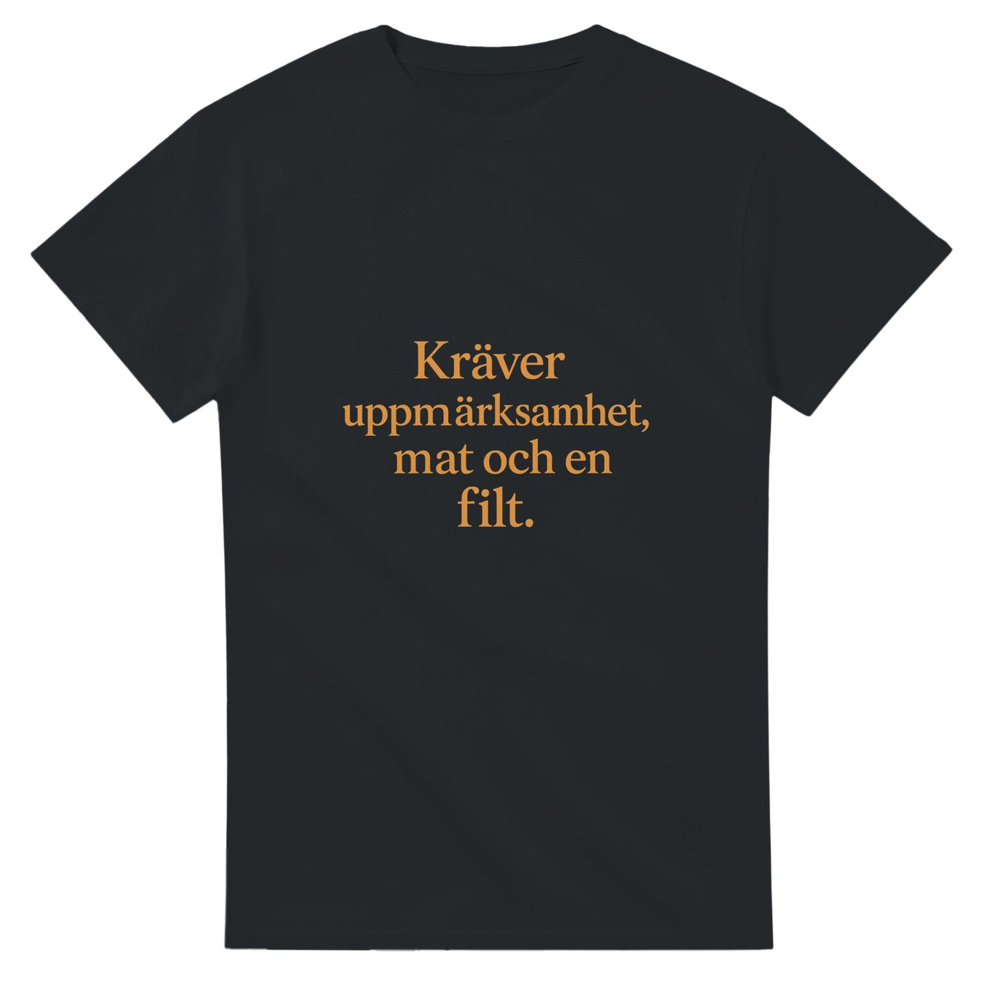 T-shirt med rolig och varm statement-text för henne. Kräver uppmärksamhet, mat och en filt. Chic font och tonad färg.