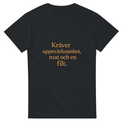 T-shirt med rolig och varm statement-text för henne. Kräver uppmärksamhet, mat och en filt. Chic font och tonad färg.
