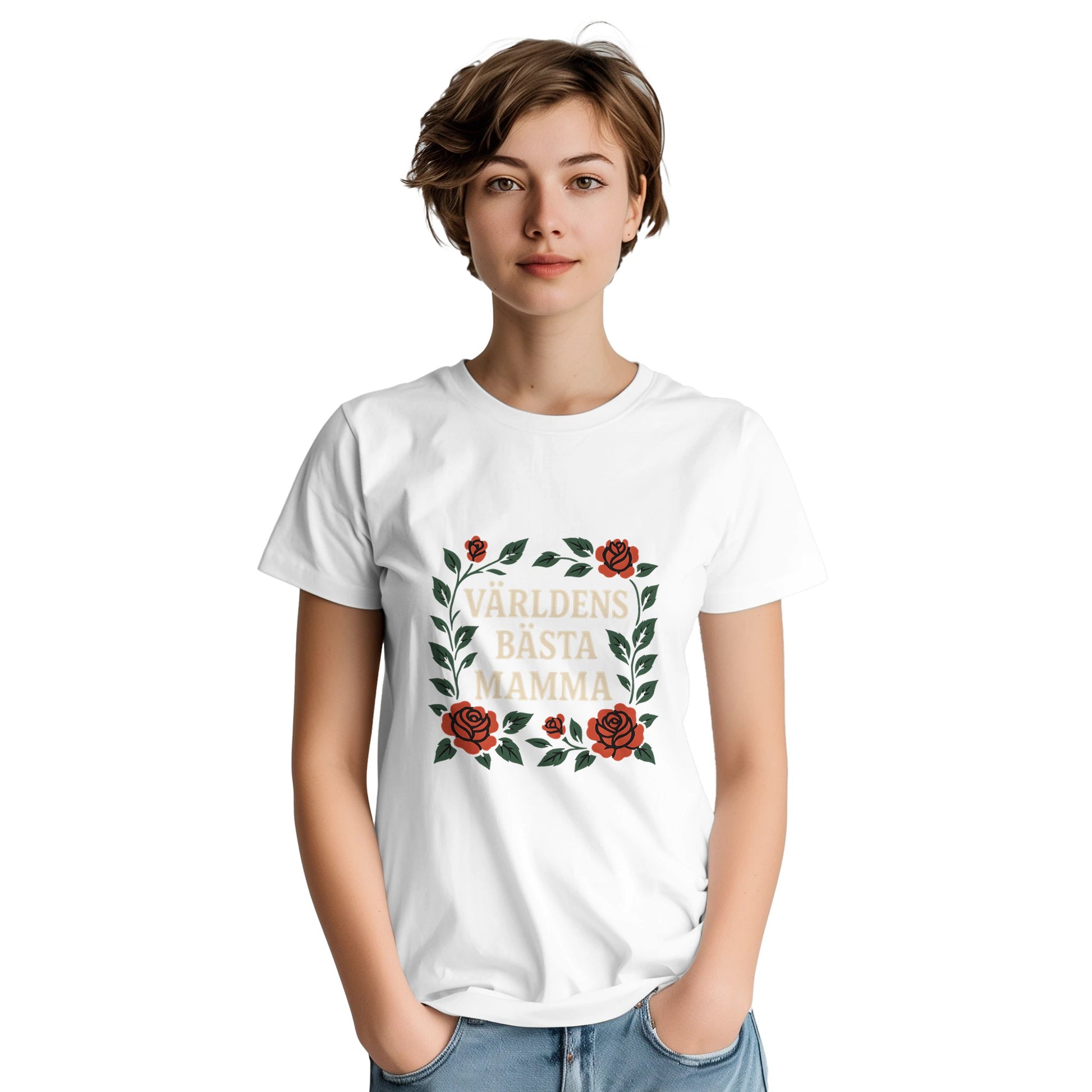 T-shirt med 'Världens bästa mamma' i typografi och rosor. Tidlös och luftig design för den bästa mamman.