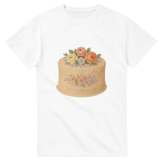 T-shirt med blommig sekelskiftesstil, handmålade blommor och nostalgisk charm.