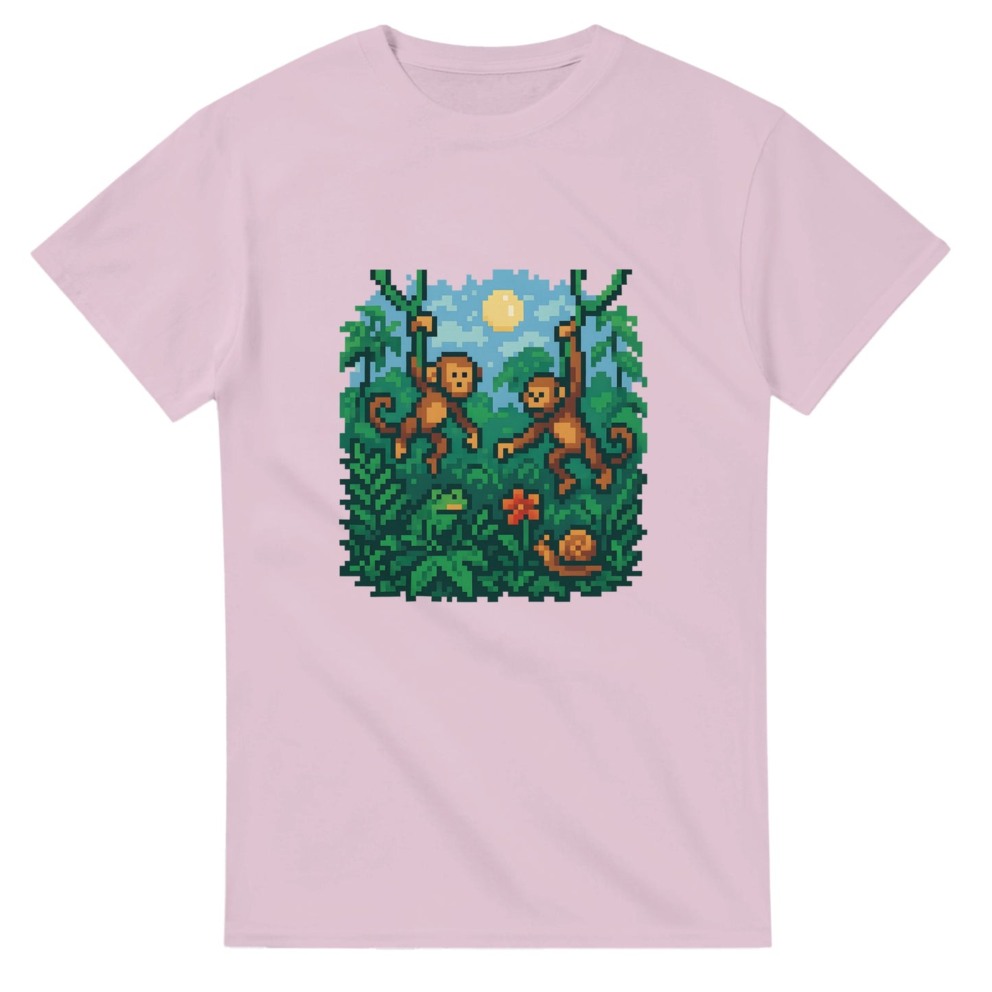 8-bitars djungelresa t-shirt med pixelapor och lianer för äventyrliga äventyrare.