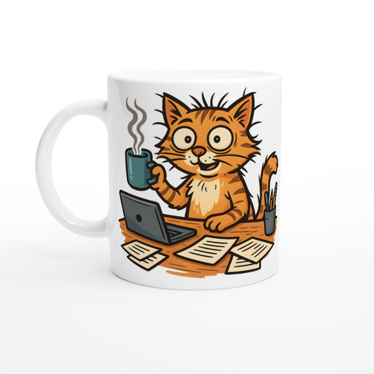 Kaffemugg med stressad kattmotiv, perfekt för kattälskare som kämpar med morgonkaffet. 