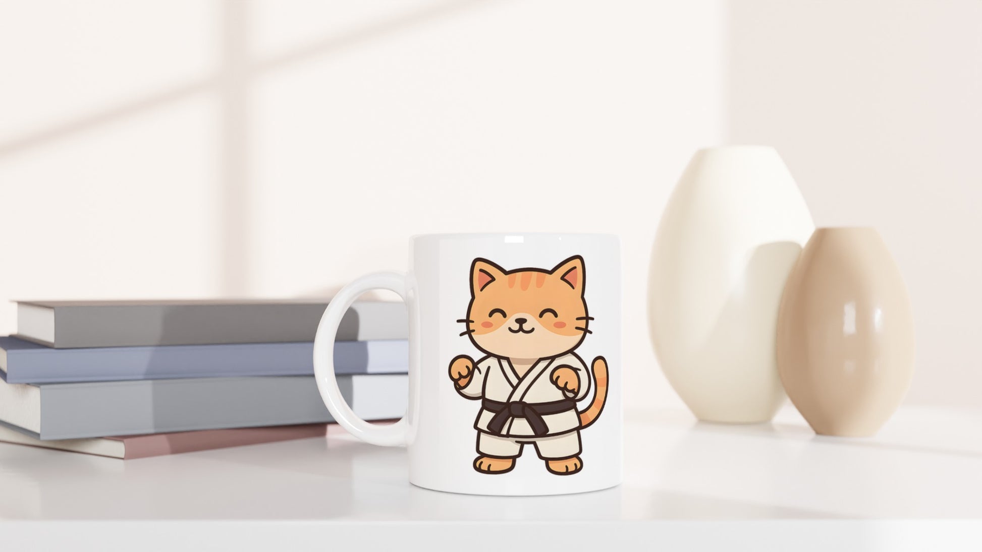 Mugg med katt i judodräkt. Perfekt för djurälskare & judofans!
