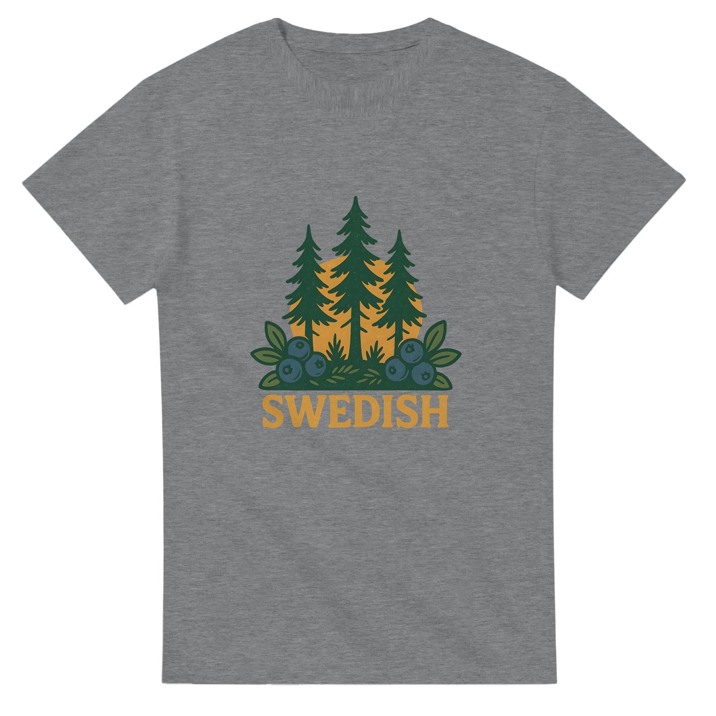 Vintage t-shirt med svensk skogsinspiration, kombinerar stil och natur med bär och barr.