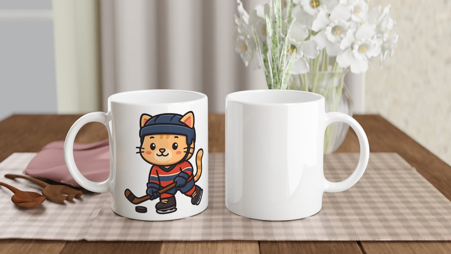 Söt ishockeykatt i matchkläder, redo för spel. Perfekt för katt- och ishockeyälskare.