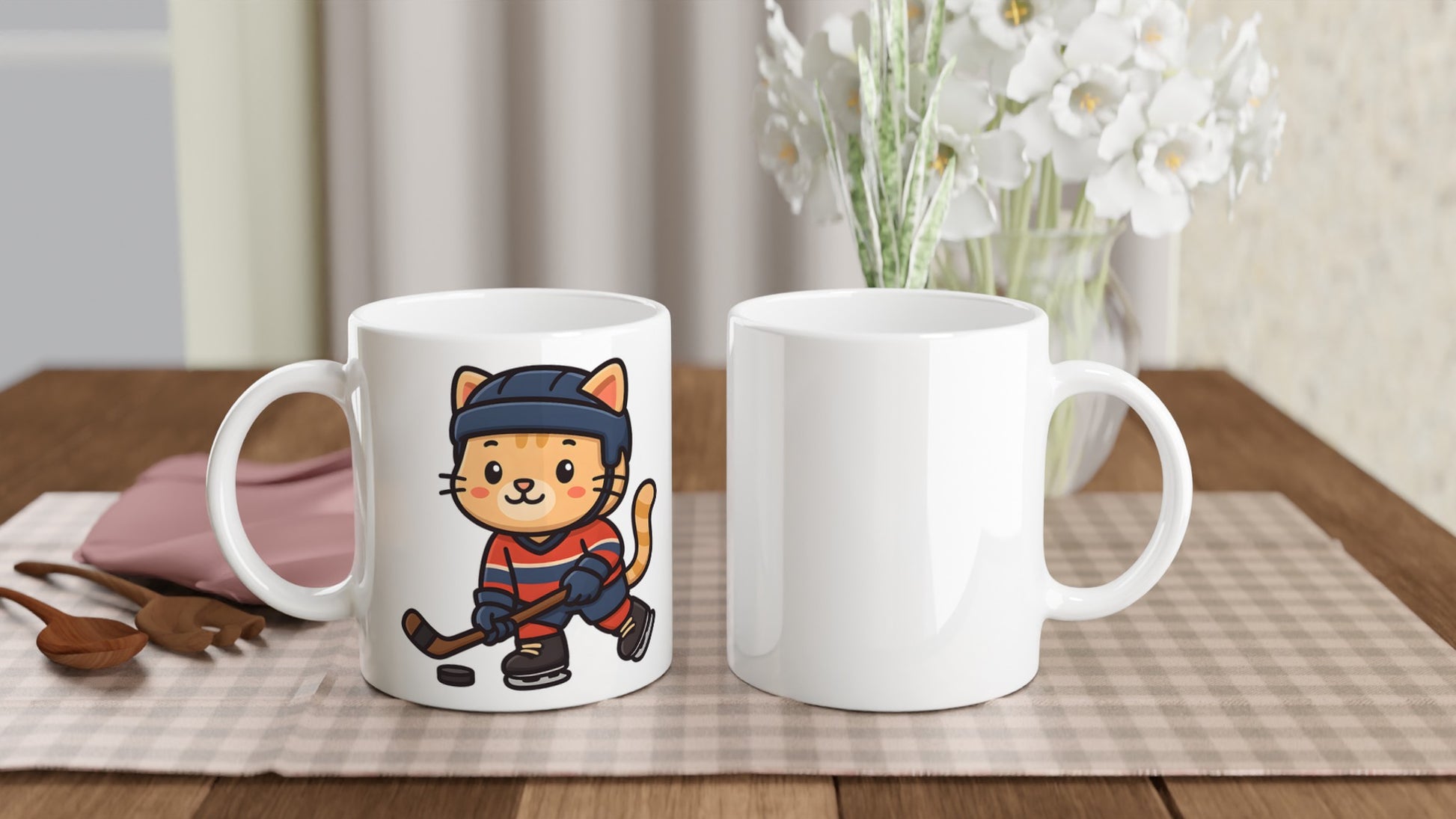 Söt ishockeykatt i matchkläder, redo för spel. Perfekt för katt- och ishockeyälskare.