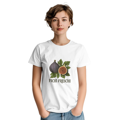 T-shirt med färska fikon och gammaldags italiensk text, Fichi Freschi, på gröna blad.