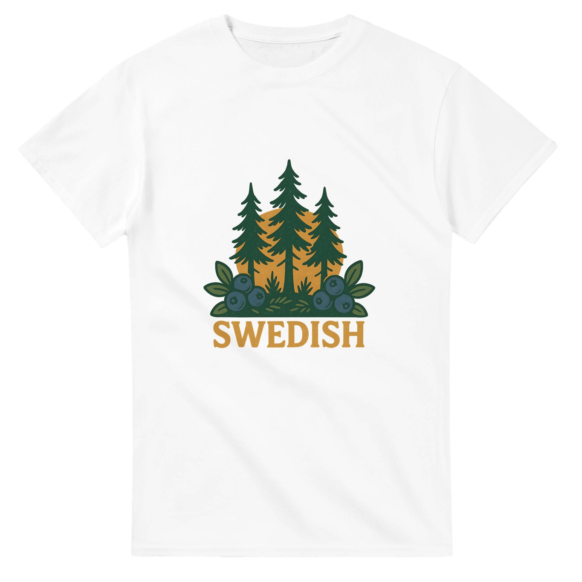 Vintage t-shirt med svensk skogsinspiration, kombinerar stil och natur med bär och barr.