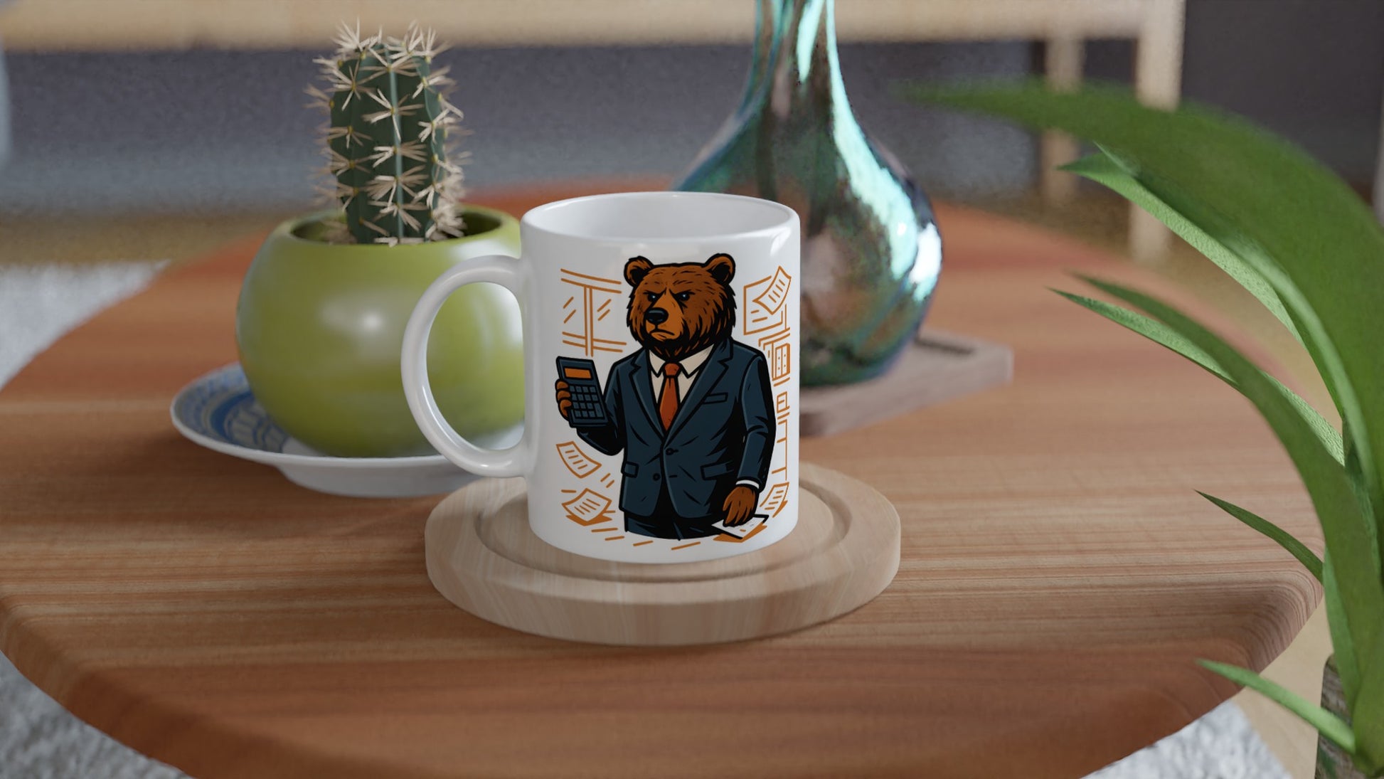 Ståtlig björn i kostym och slips, kalkylator i hand. För den som uppskattar styrka och skarpt affärssinne!