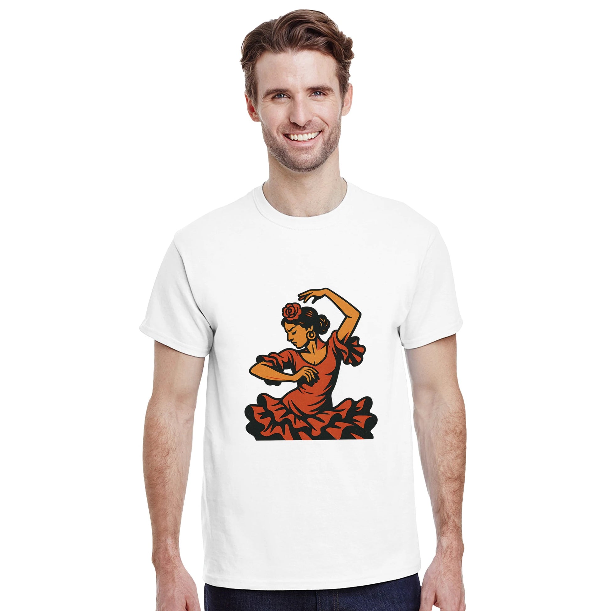 Vintage T-shirt med flamencodansare i varma färger som speglar Spaniens passion och energi.