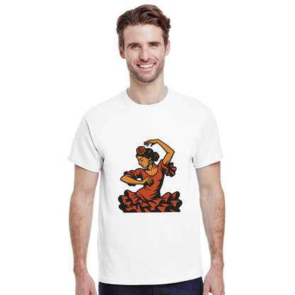 Vintage T-shirt med flamencodansare i varma färger som speglar Spaniens passion och energi.