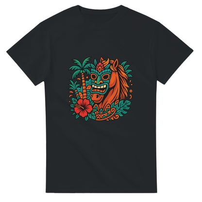 Tropisk häst med tiki-mask och färgglada mönster, en färgsprakande upplevelse!