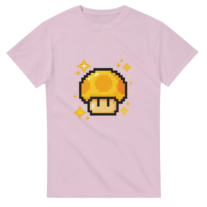 T-shirt med retro 8-bit power-up motiv. Perfekt för spelentusiaster som älskar pixelgrafik.