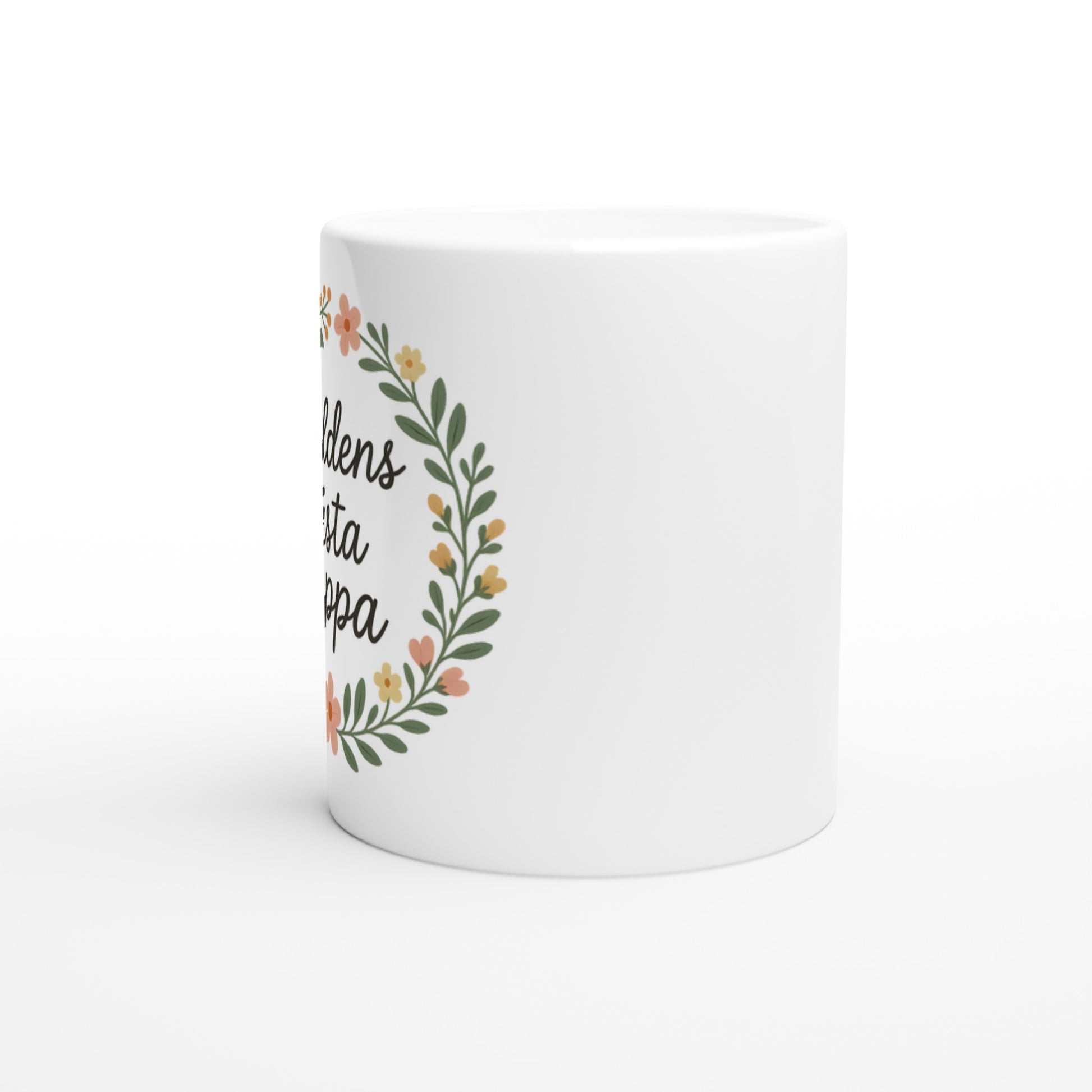 Stilfull mugg med texten 'Världens bästa pappa' omgiven av blomkrans i handskriven stil.