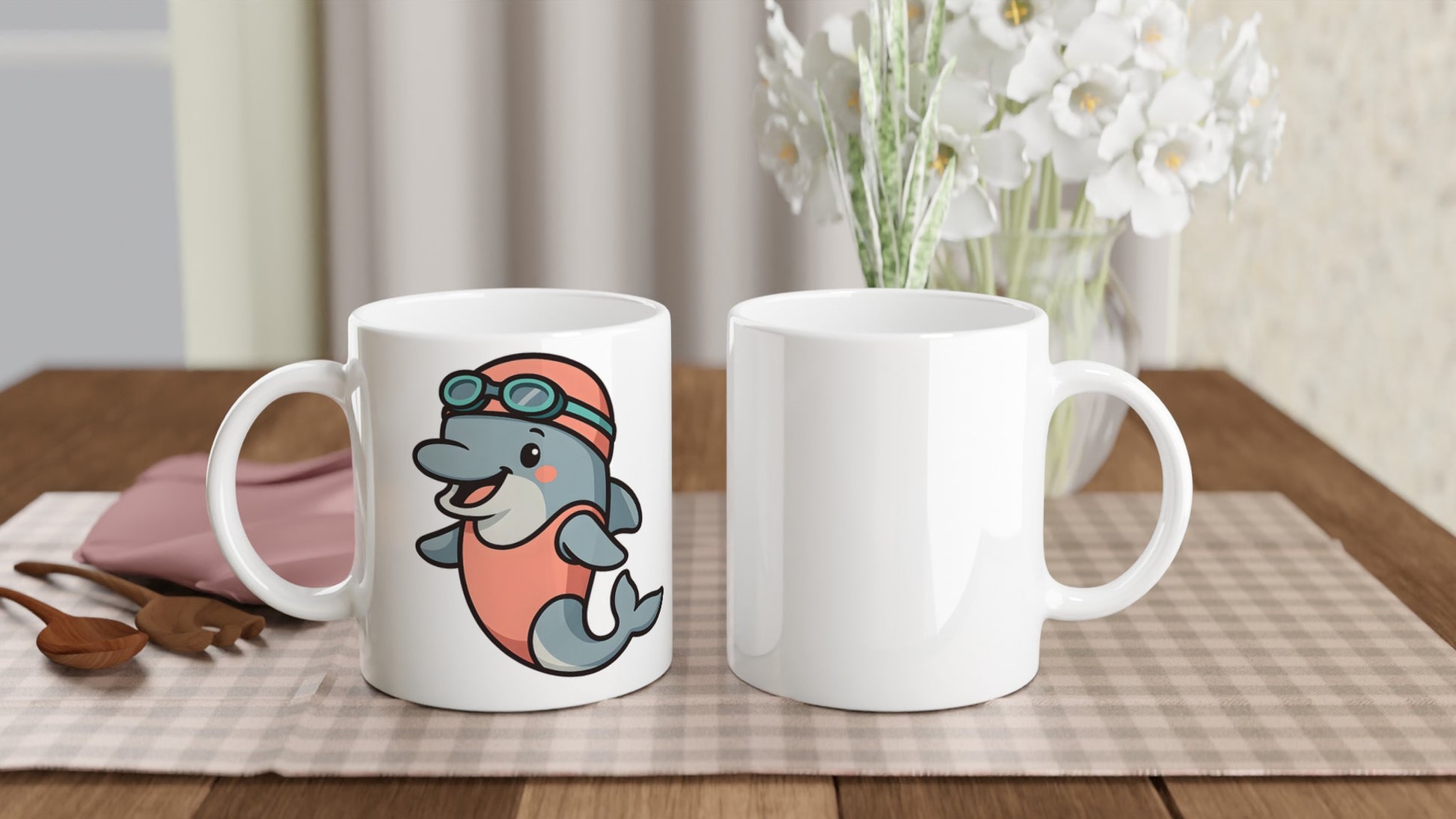Delfin Dykare Mugg - Perfekt för kaffedrickare som älskar havet! Charmig delfin i baddräkt och badmössa.