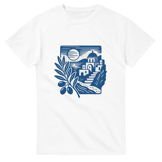 T-shirt med nostalgiskt motiv av grekiskt landskap med olivgrenar och kustvyer. Perfekt för att njuta av skönheten i Grekland.