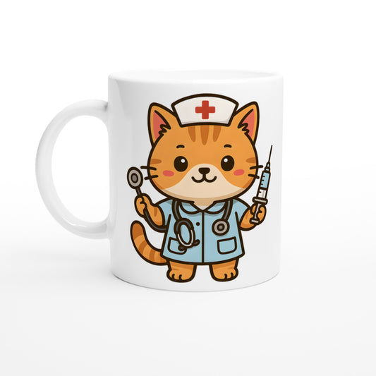 Katt Sjuksköterska Mugg - Charmig mugg med katt i sjuksköterskeuniform, välutrustad för kattälskande sjuksköterskor!