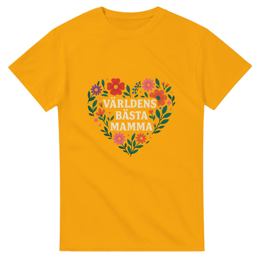 T-shirt med texten 'Världens bästa mamma' i ett hjärta av blommor. Perfekt gåva till mamma!