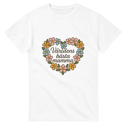 Blomsterhjärta för hyllning av världens bästa mamma. Pastellfärgade blommor formar ett hjärta med texten 'Världens bästa mamma'.