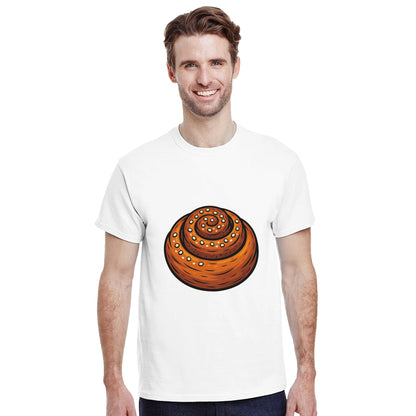 En T-shirt med en kanelbulle på en blå bakgrund, perfekt för kanelbulleälskare.