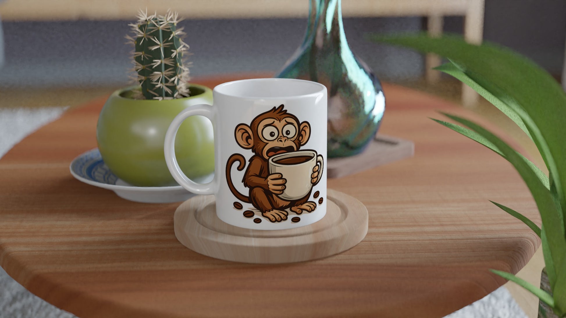 Rolig kaffekoppsapa för kaffekonässörer. Perfekt för kaffebordet eller som present.