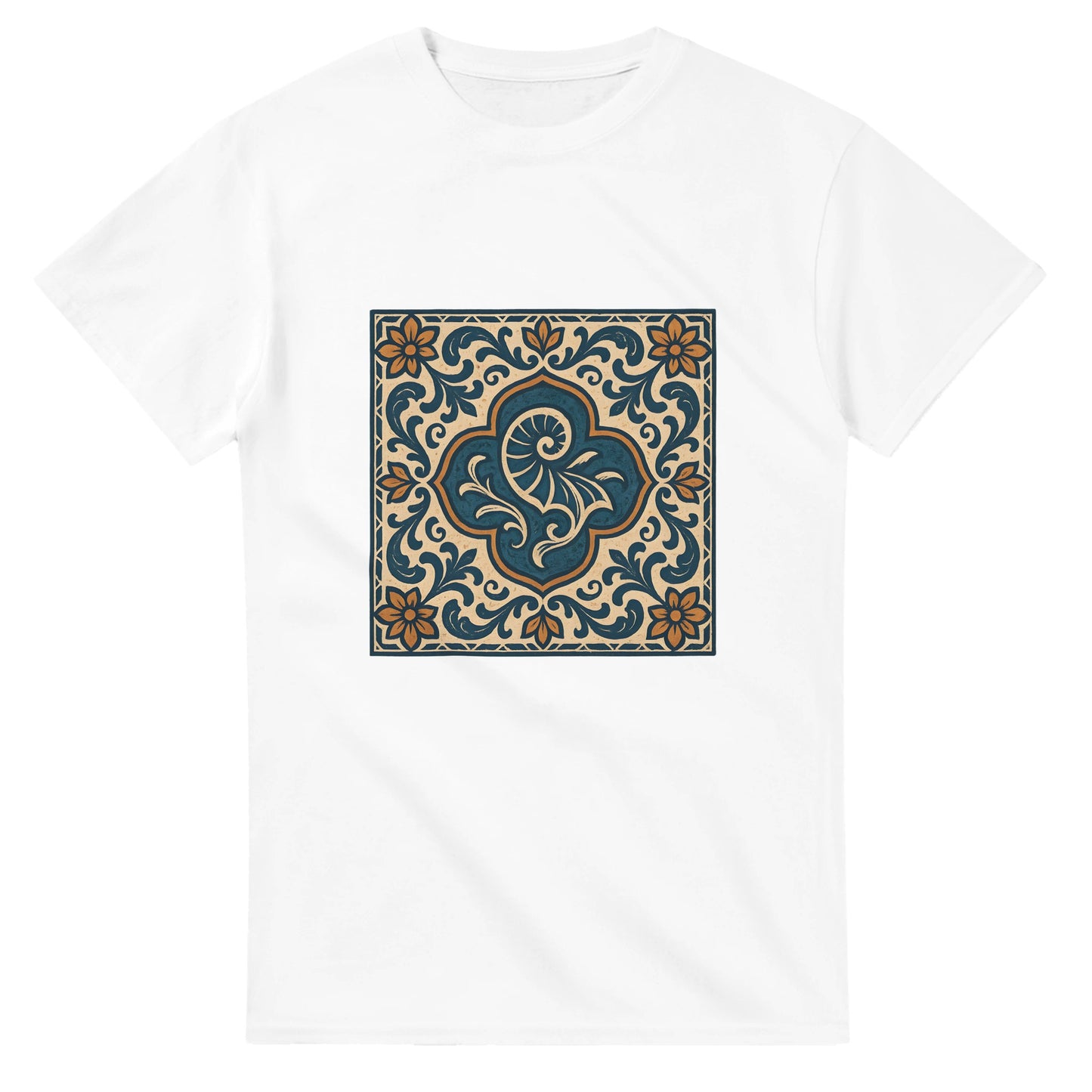 Portugisiskt inspirerad t-shirt i rustika färger, perfekt för vintage- och havsälskare.