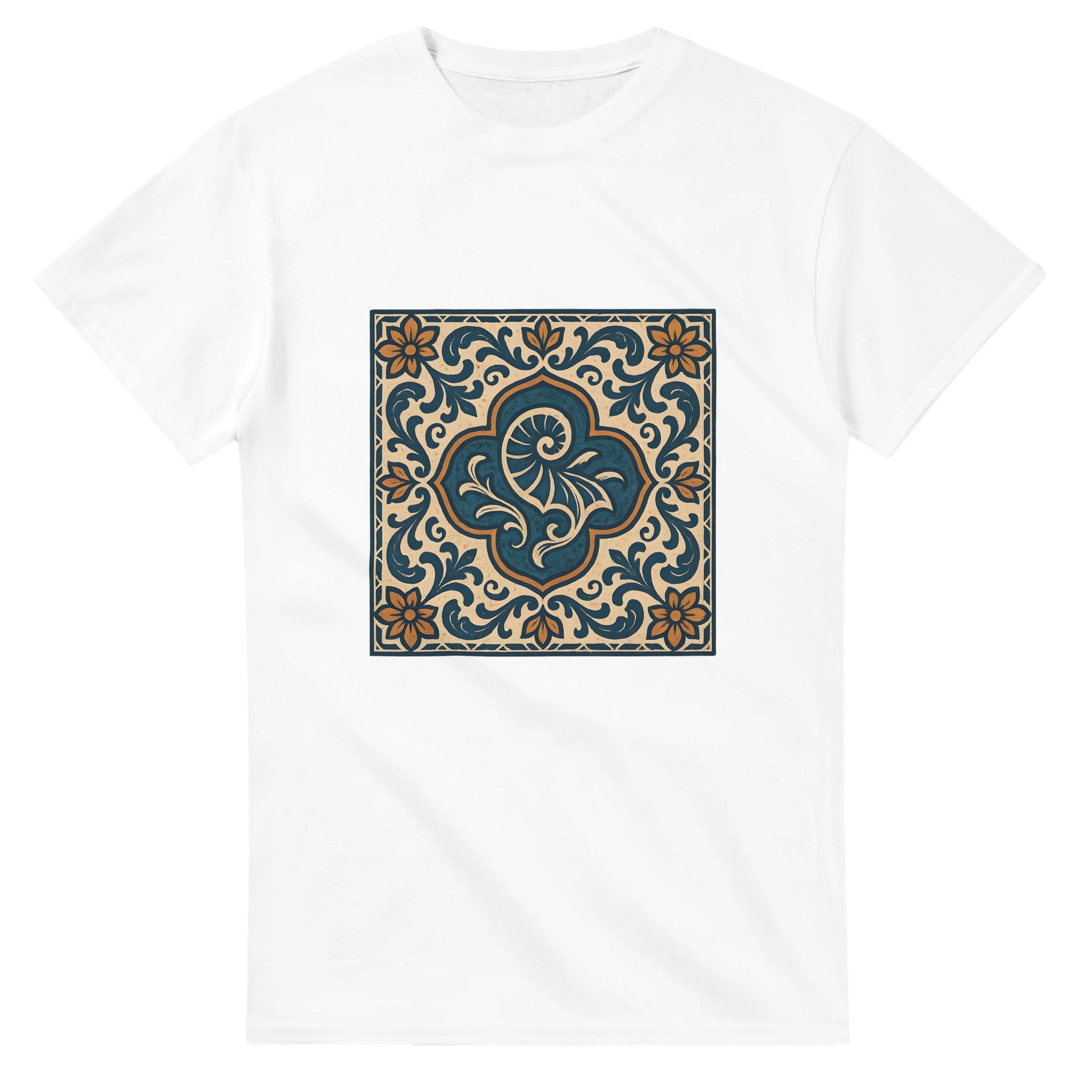 Portugisiskt inspirerad t-shirt i rustika färger, perfekt för vintage- och havsälskare.
