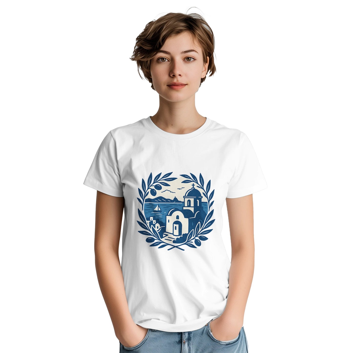 Vintage T-shirt med blåvitt kustlandskap för dig som älskar Greklands charm. Upplev Greklands kust varje dag.