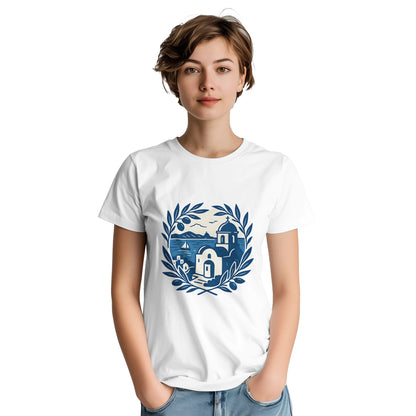 Vintage T-shirt med blåvitt kustlandskap för dig som älskar Greklands charm. Upplev Greklands kust varje dag.