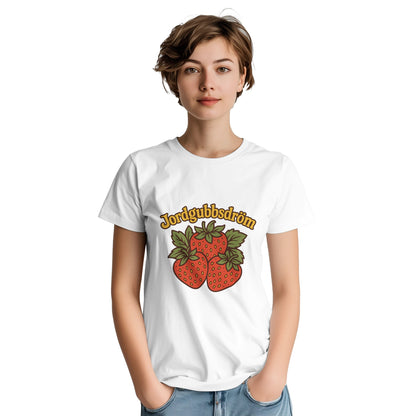 T-shirt med retro jordgubbsmotiv Jordgubbsdröm i lekfull vintage-stil. Färgstarkt och somrigt!