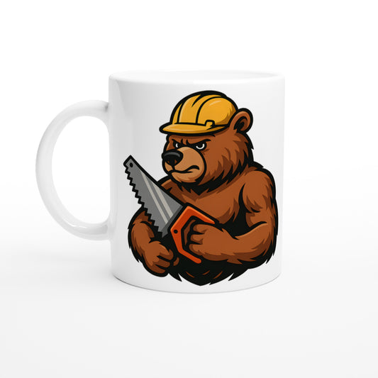 Arbetssam björn med snickarkeps och såg, perfekt för snickare. Mugg med stark design.