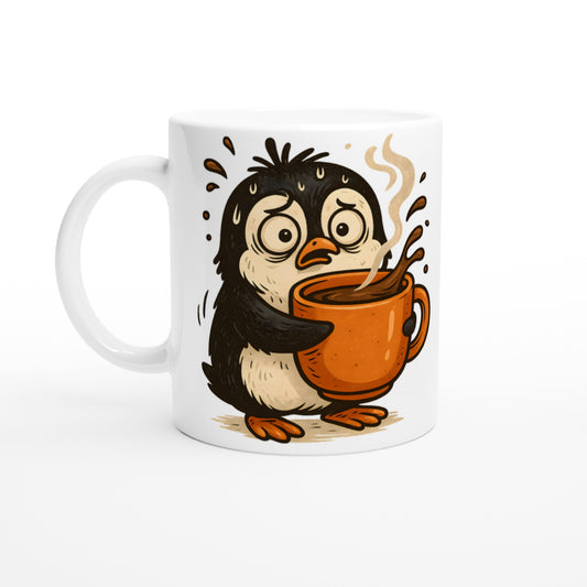 Stressad pingvin dricker kaffe - perfekt för morgonhumöret!